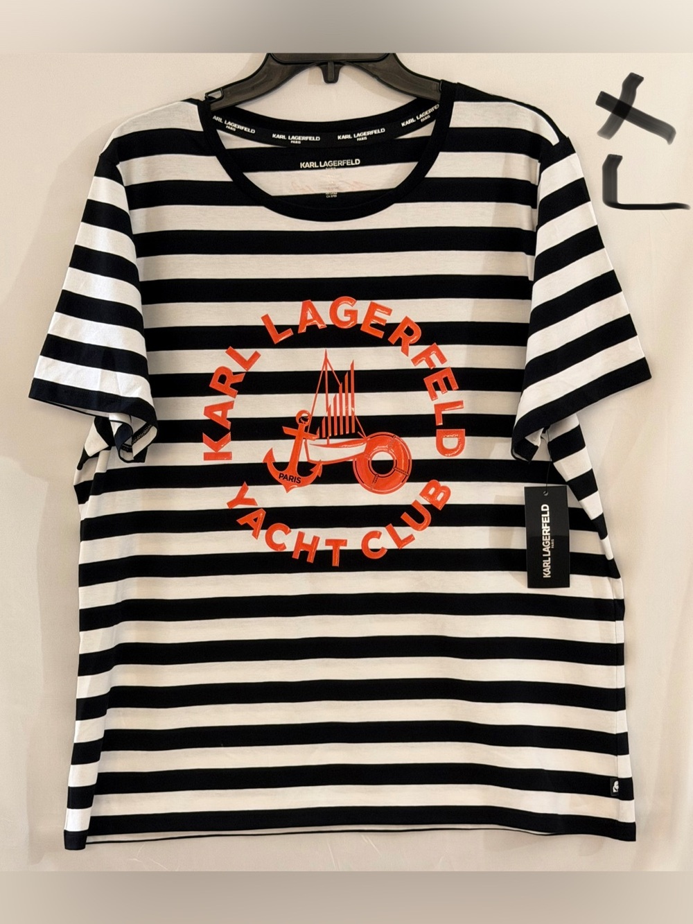 Karl Lagerfeld Black White Striped Tee with Orange Yacht Graphic